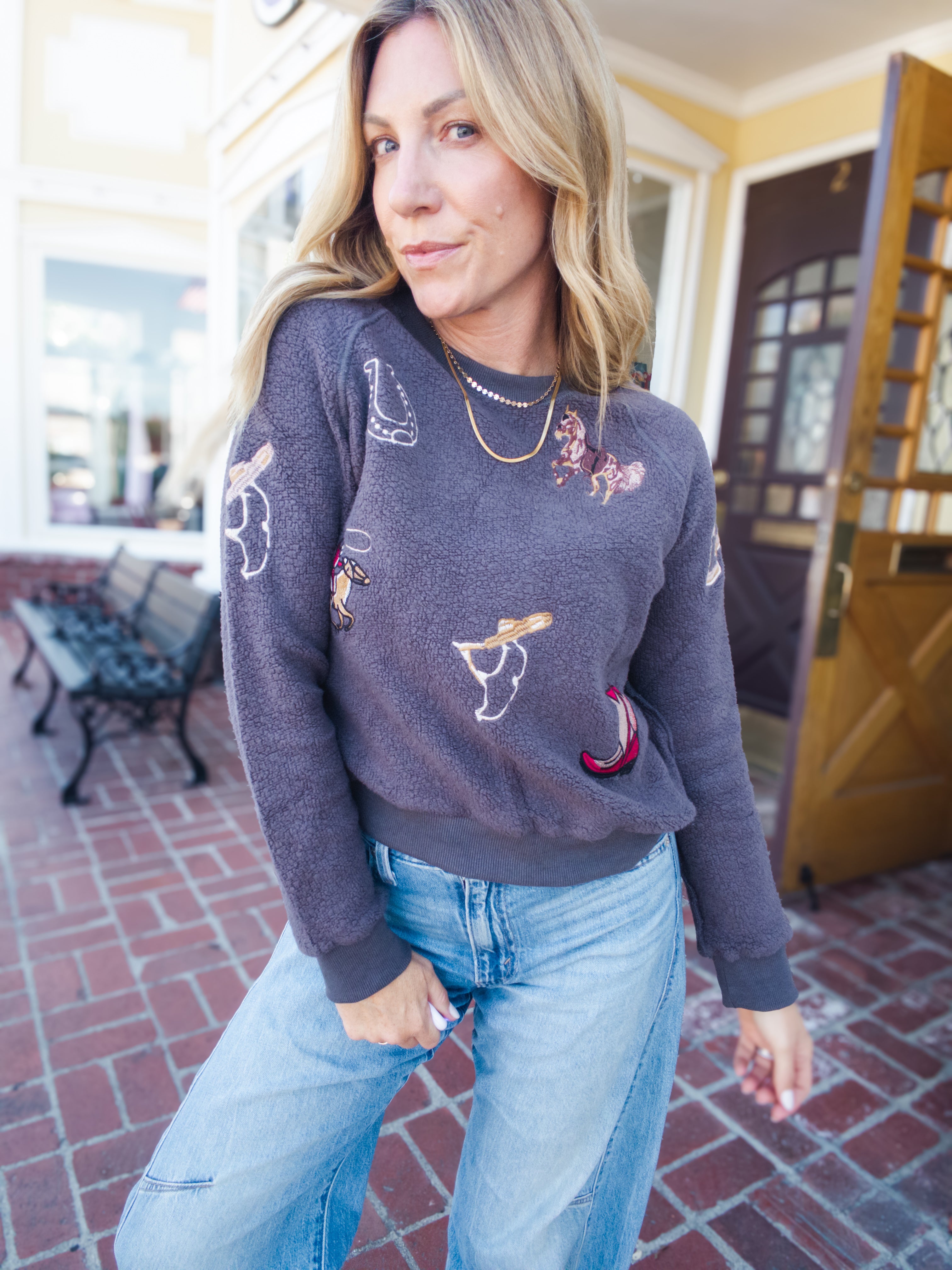 Western Embroidered Crew Neck Sweatshirt