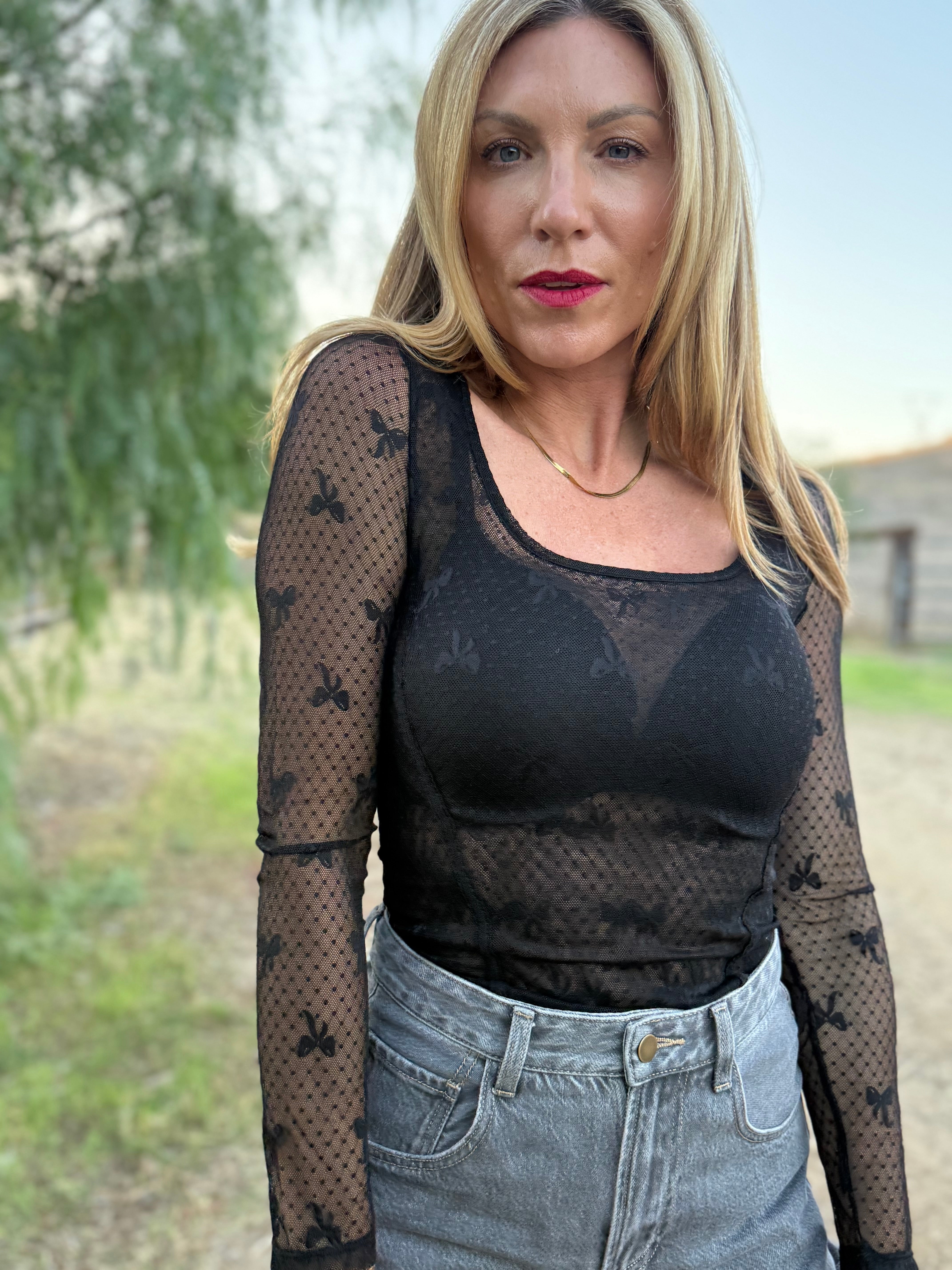 Midnight Bow Sheer Mesh Bodysuit