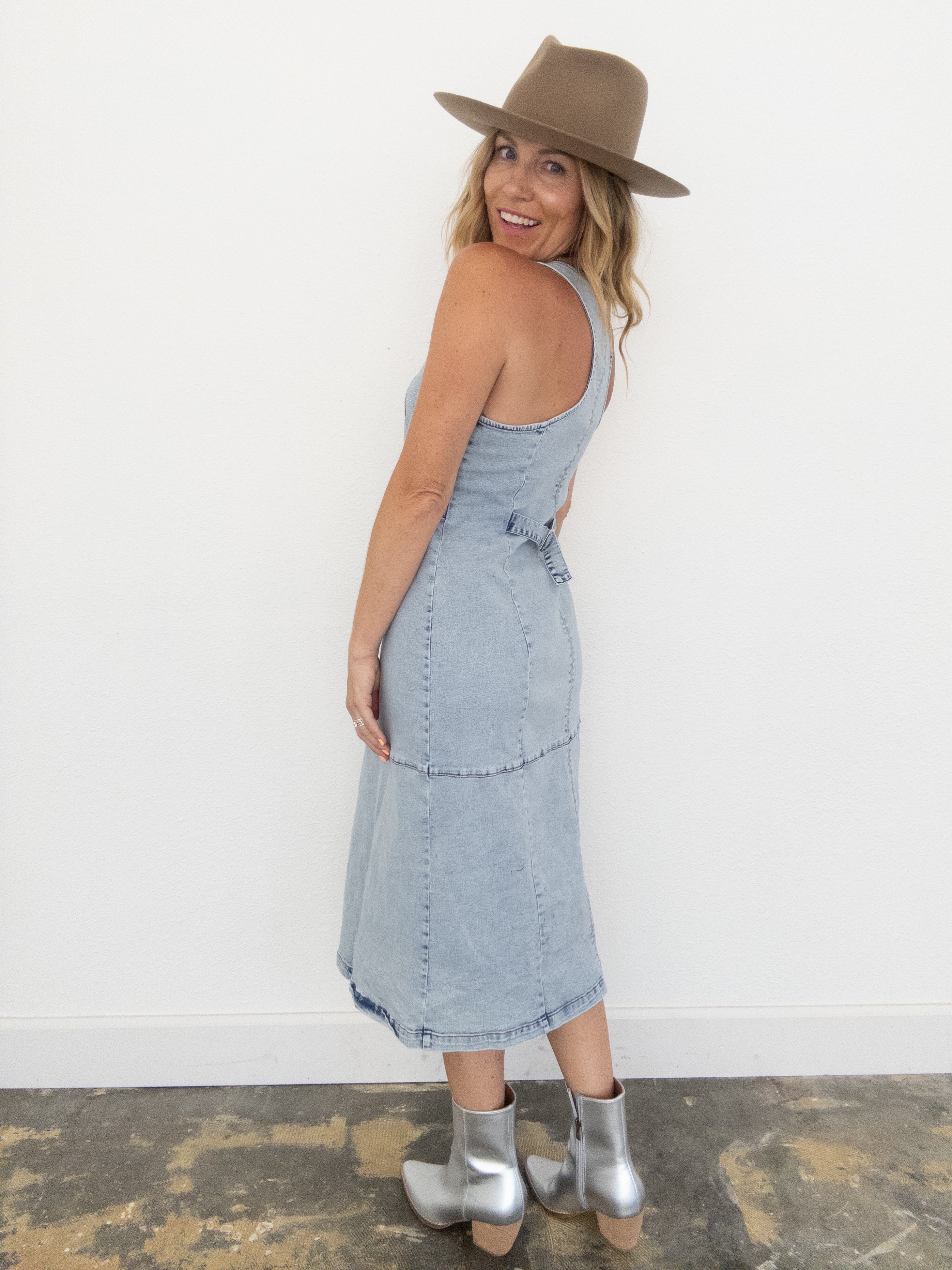 Shine On Rhinestone Denim Midi Dress