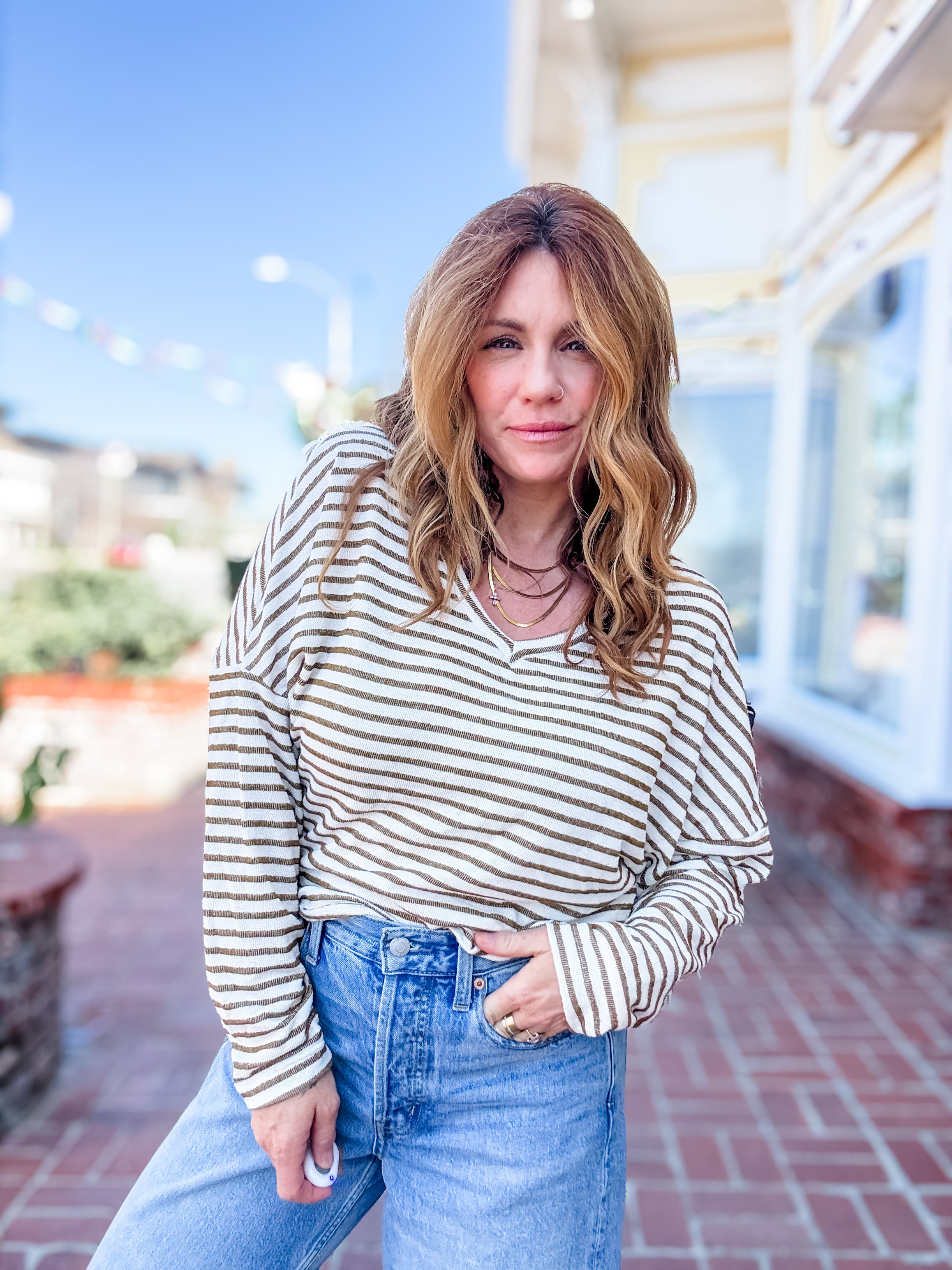 Project Social T Ren Textured Striped V Neck Tee