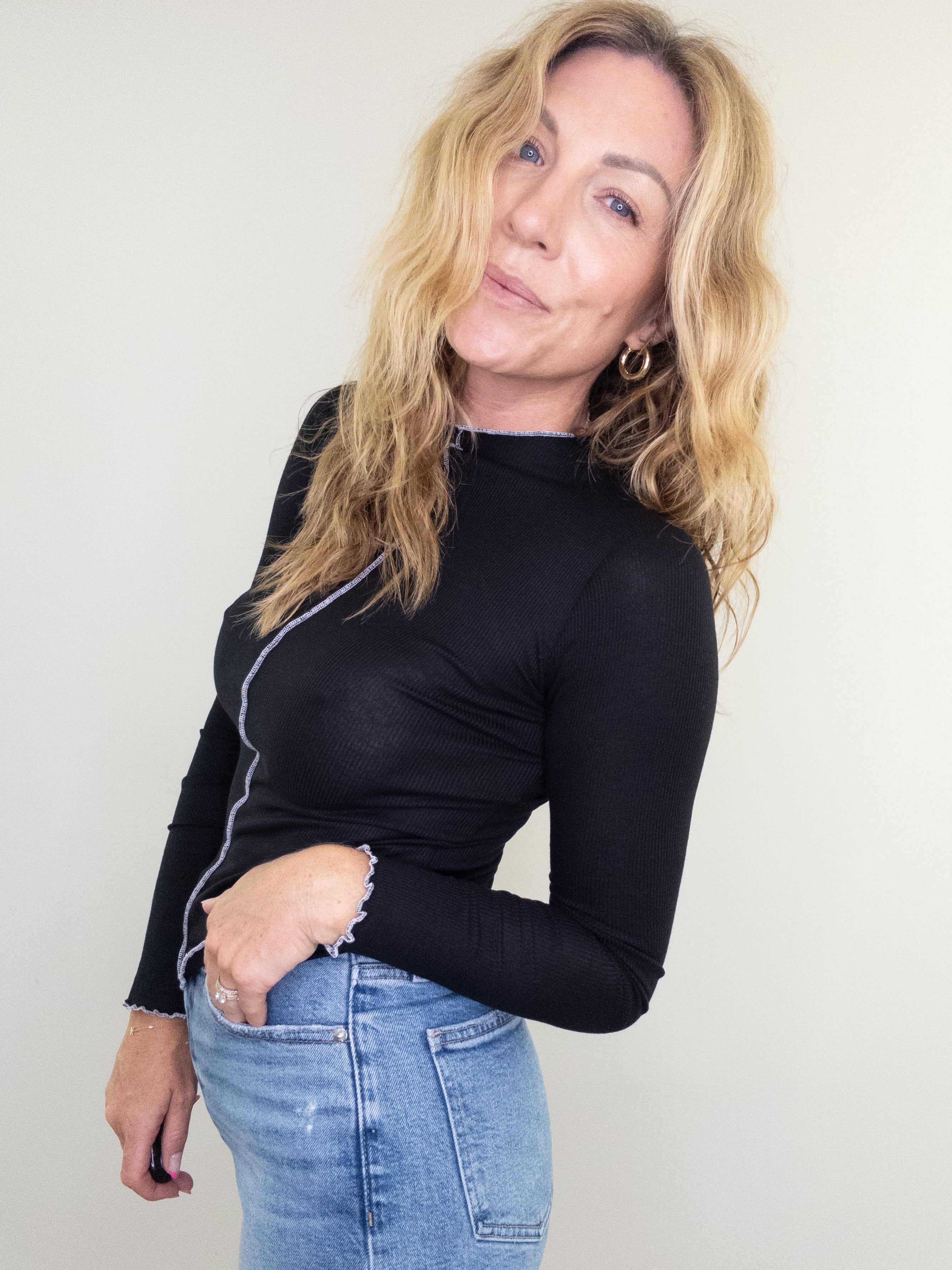 Project Social T Sparks Seamed Rib Funnel Neck Long Sleeve