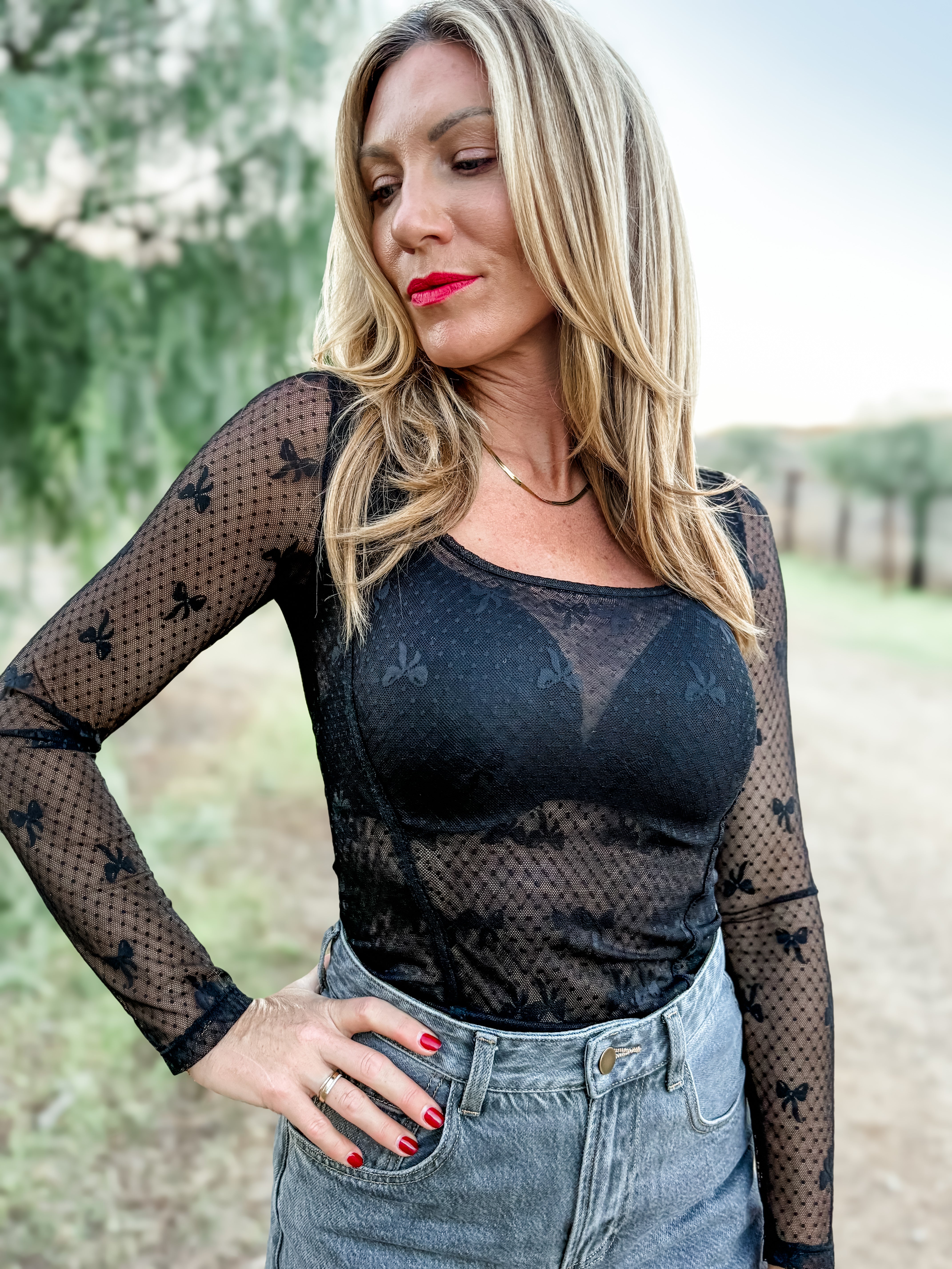 Midnight Bow Sheer Mesh Bodysuit