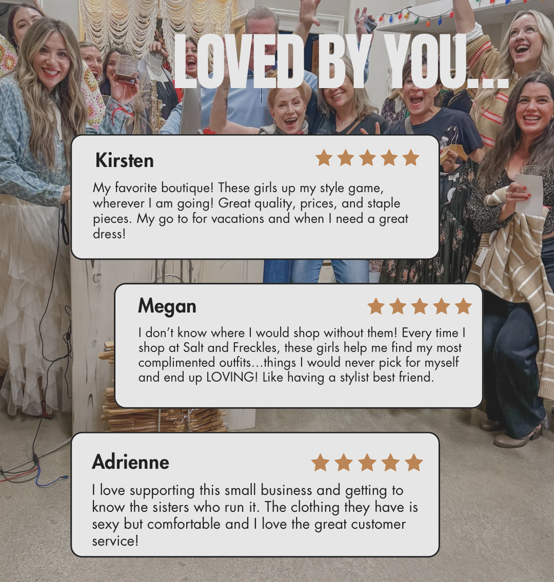Customers' reviews displayed on a collage of people shopping, with text praising the boutique's quality, prices, and customer service.